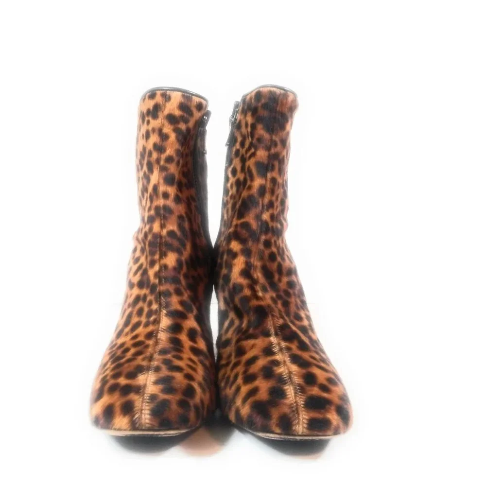 Eugenia Kim Women Booties Calf Hair Leopard Brown Zip Up Ankle Heel Boots Sz 41